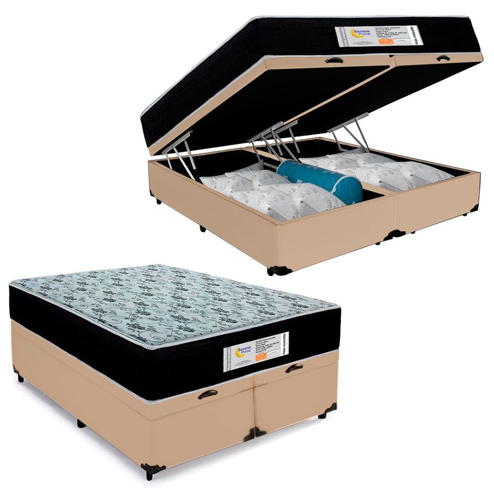Cama Box Baú Queen Bipartido Sintético + Colchão Molas Ensacadas SerenePrime Sonnolux 158x198x69 Bege