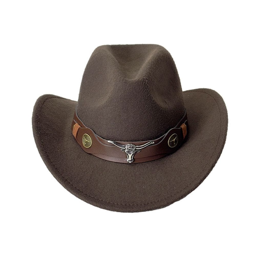 Chapéu de caubói, feltro marrom com cabeça de touro, cinto de couro, unissex