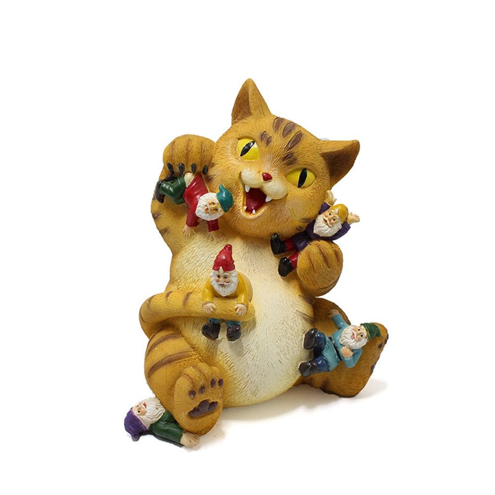 Estatueta de resina de escultura de jardim caprichosa de gato com gnomos P