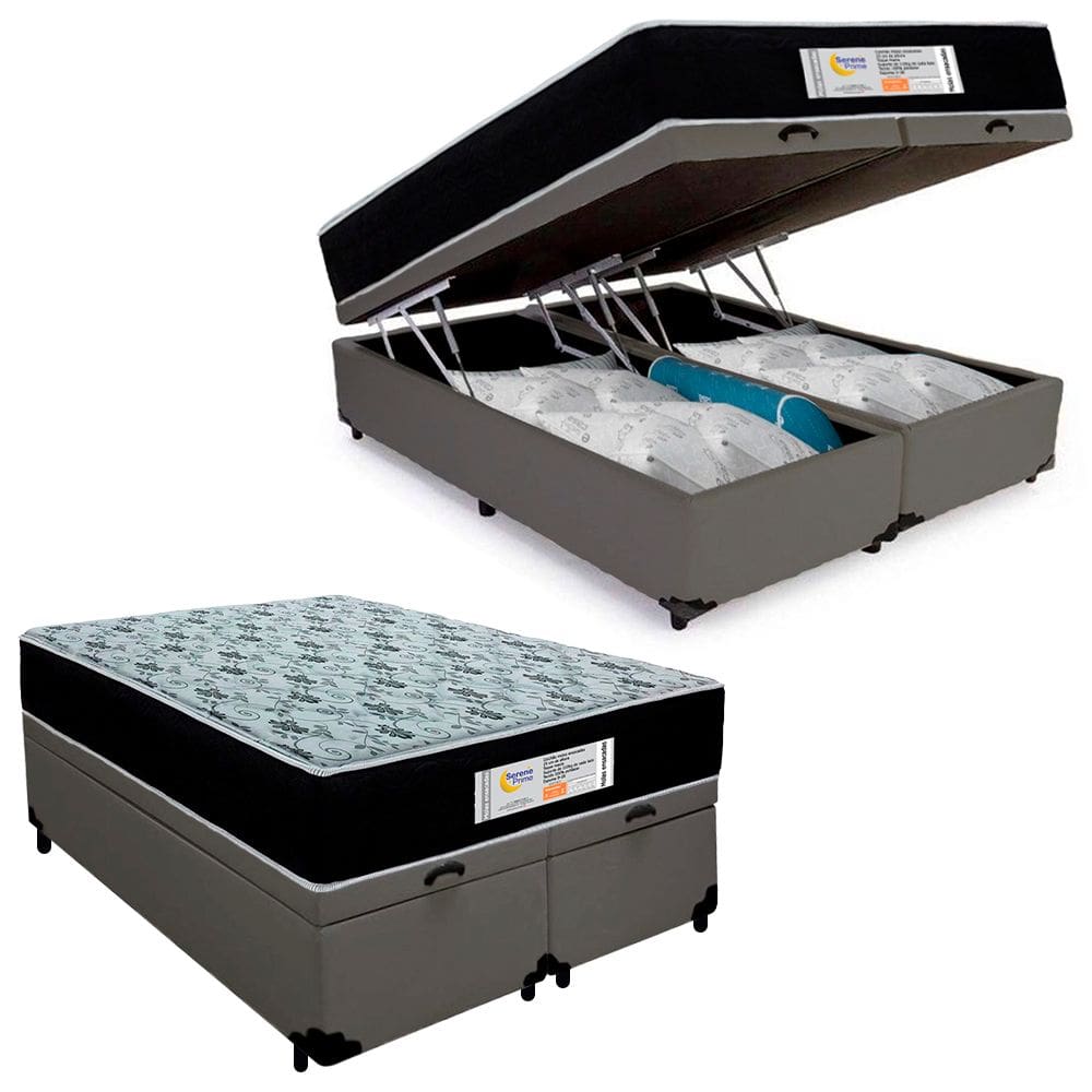 Cama Box Baú Queen Bipartido Sintético + Colchão Molas Ensacadas SerenePrime Sonnolux 158x198x69 Cinza