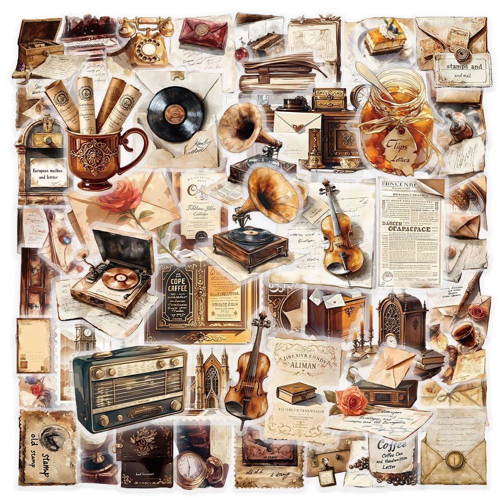 Adesivos Retro Doodle, câmera de TV vintage, cupcakes, 50 unidades