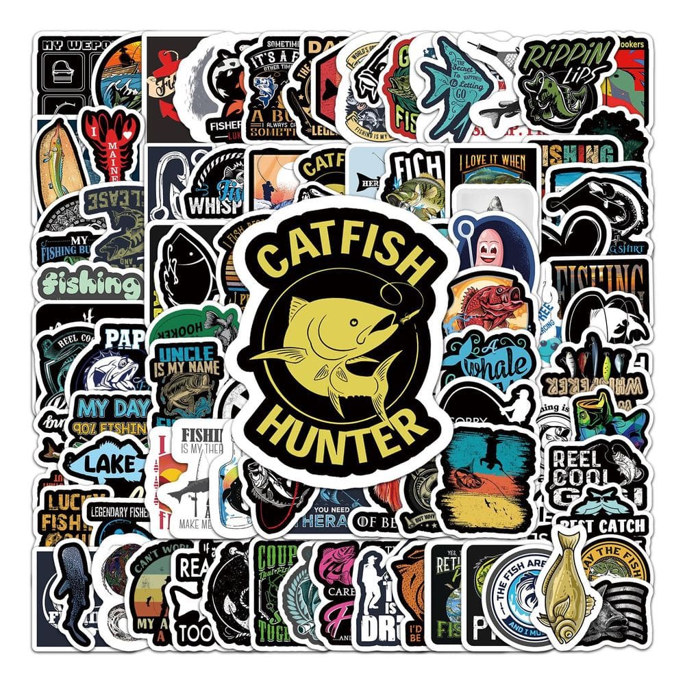 Pacote de adesivos com tema de pesca, 50 peças de desenho animado, robalo, atum, peixe-espada