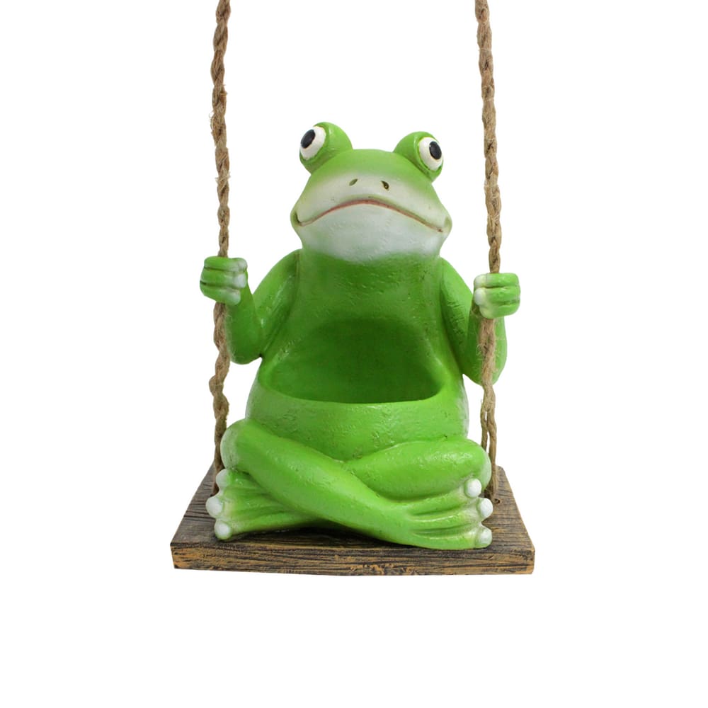 Escultura de decoração de jardim Frog on Swing com suporte de plantador