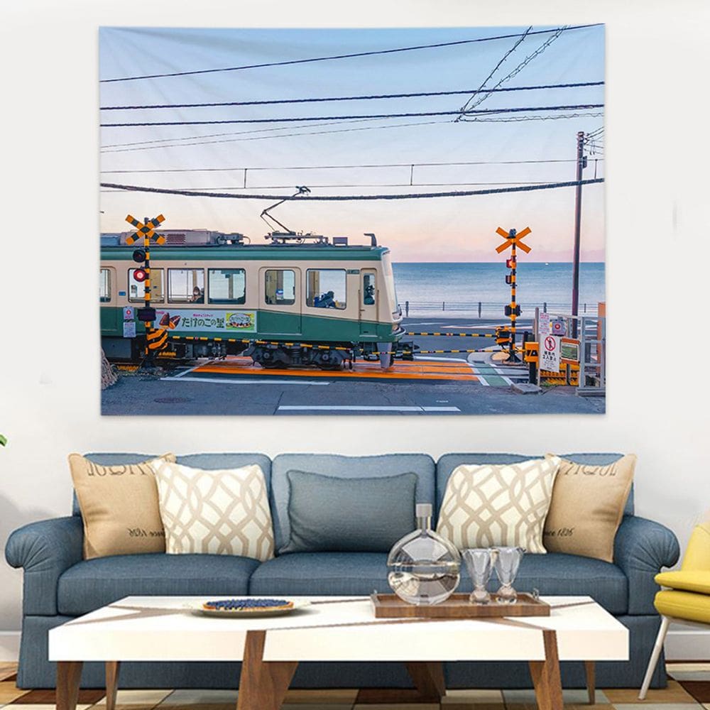 Tapeçaria de parede para pendurar trem japonês cruzando o litoral 150x130cm
