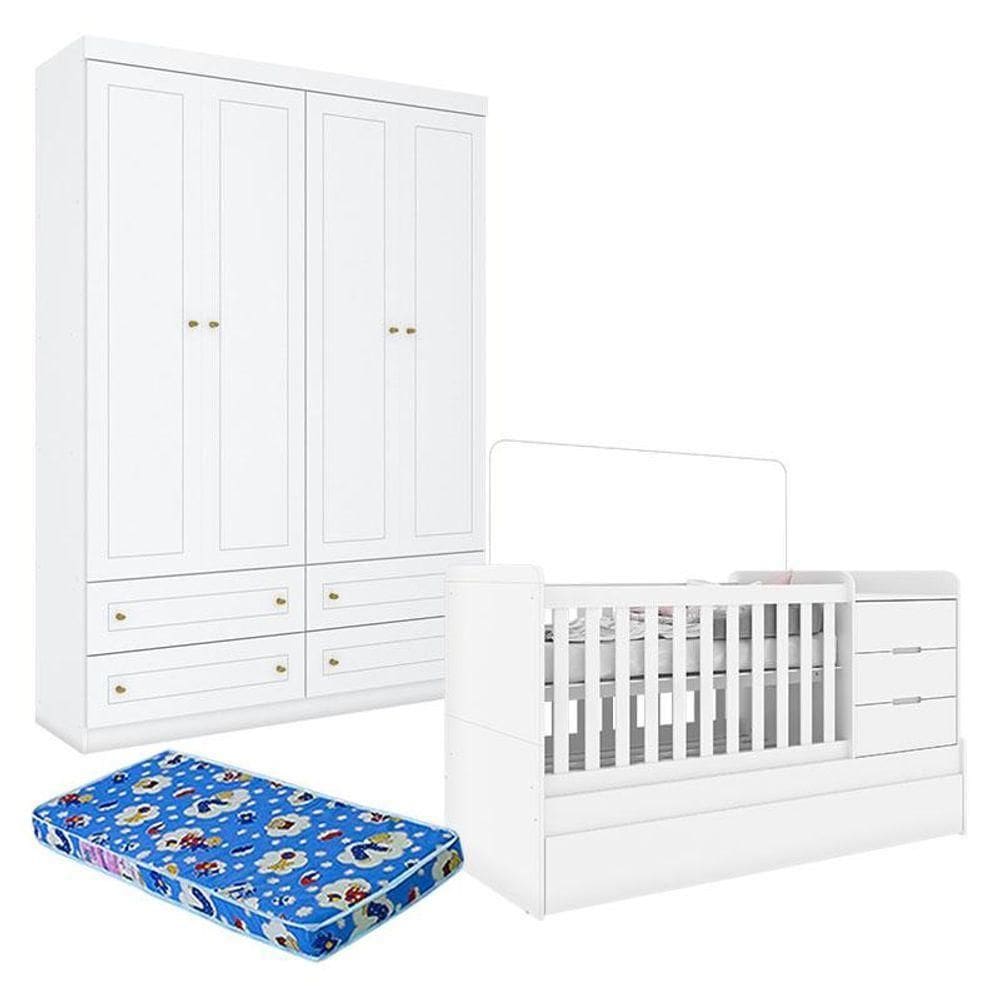 Berço Multifuncional Cleo E Guarda Roupa Infantil 4 Portas Americano Branco Fosco Com Colchão Ortobom - Henn