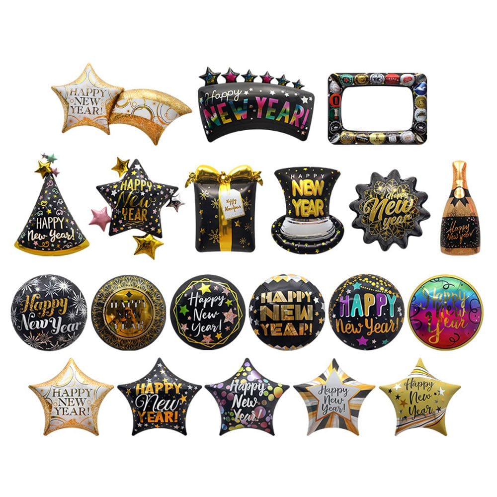 Conjunto de balões metalizados Feliz Ano Novo, 20 unidades, preto, ouro, prata