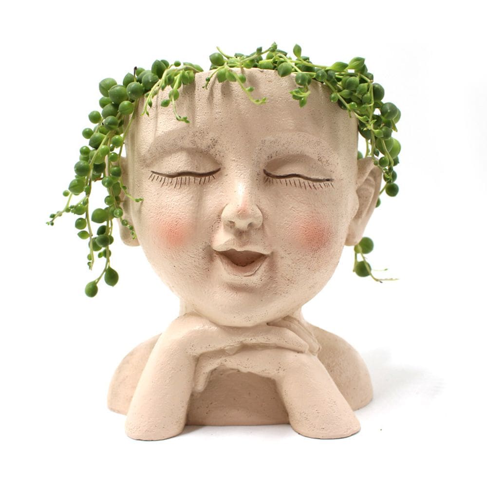 Vaso de plantas de resina de vaso de flores com design de mão no queixo com rosto sorridente