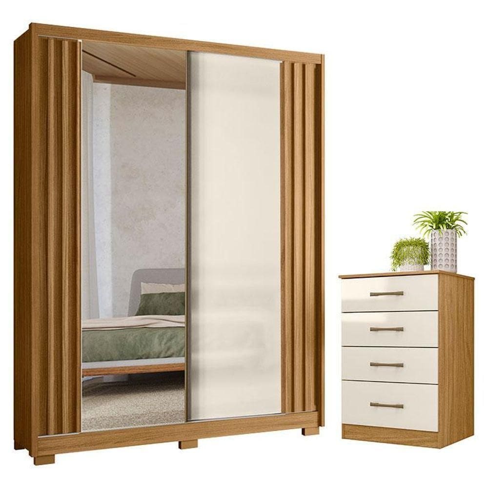 Guarda Roupa Solteiro Colorado E Cômoda Ms913 Freijó Off White Com Espelho - Moval