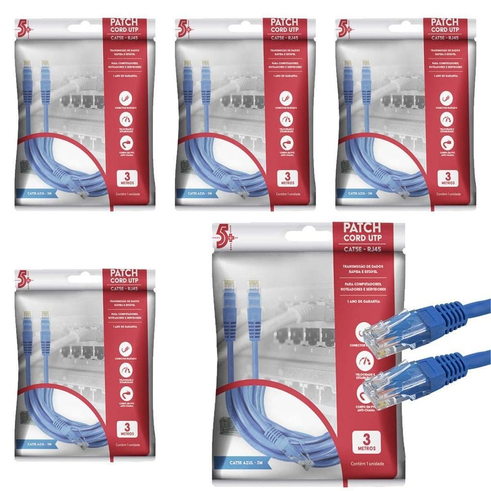 5X Cabo De Rede Internet Gigabit Cat5E Até 1Gb Azul 3 Metros