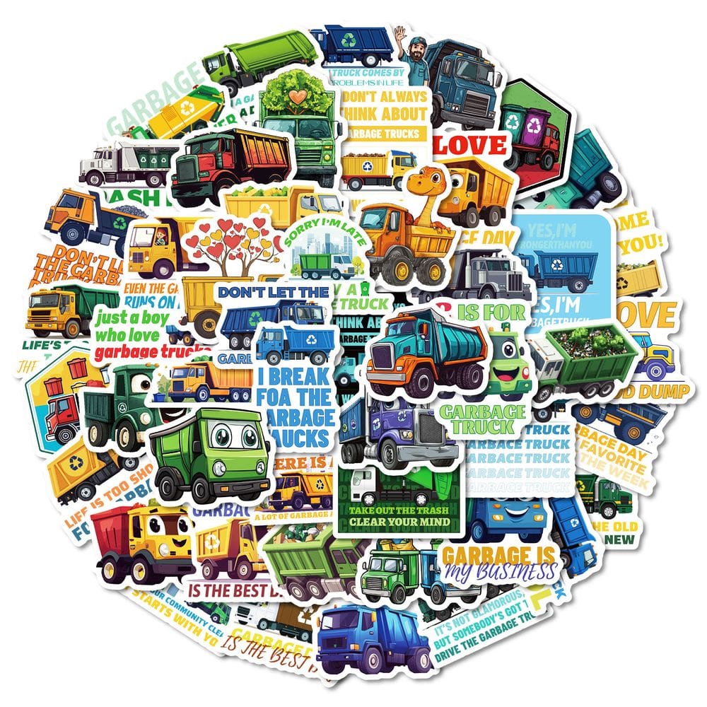 Pacote de adesivos Cartoon Garbage Truck 50 unidades para crianças e bricolage