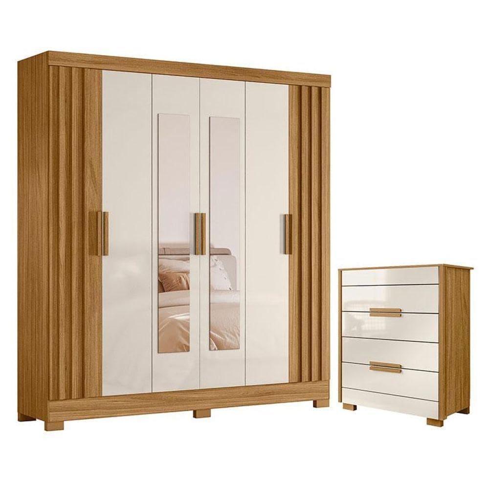 Guarda Roupa Casal Valença Com Espelho E Cômoda Dhara Freijó Off White - Moval