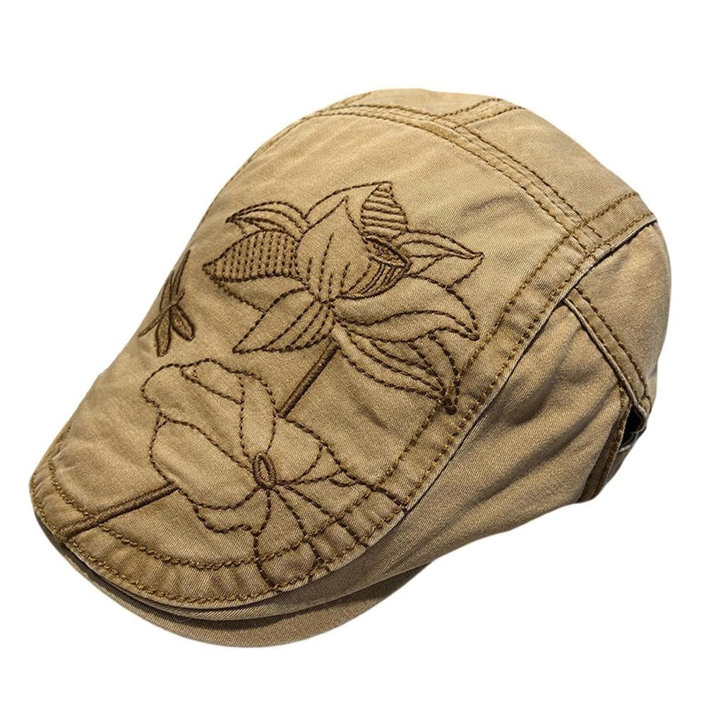 Chapéu feminino de boné plano bordado floral bege Gatsby Newsboy