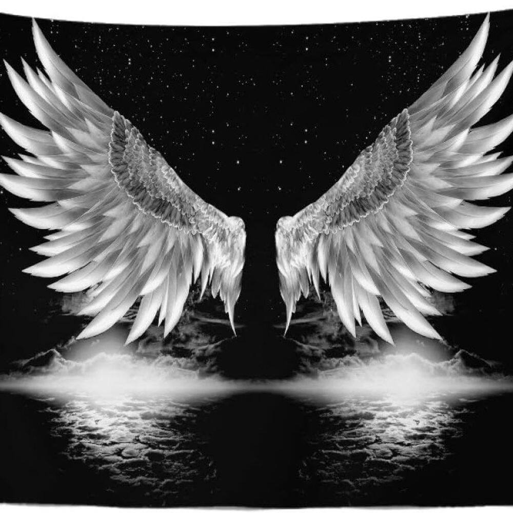 Tapeçaria pendurada na parede, asas de anjo, preto, branco, 150 cm x 130 cm