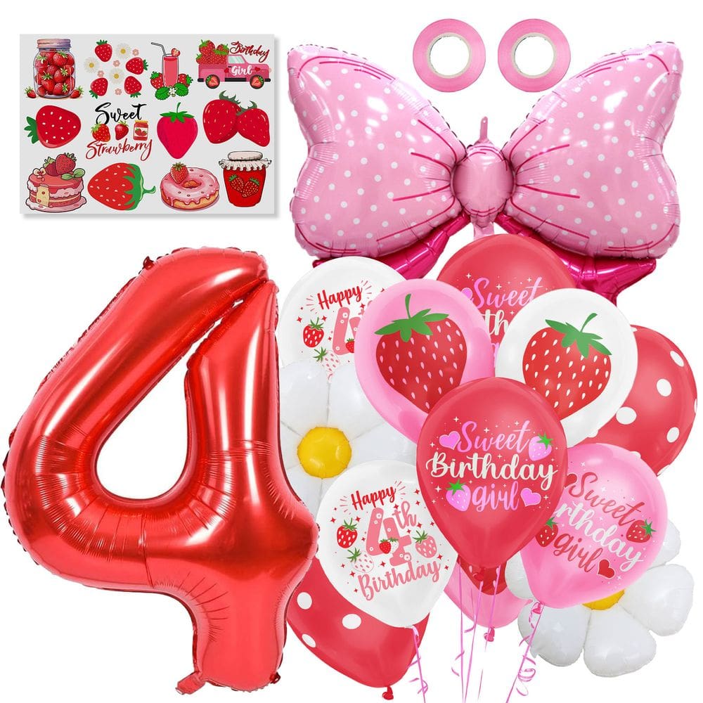 Conjunto de balões com tema de morango com papel alumínio número 4 para aniversário