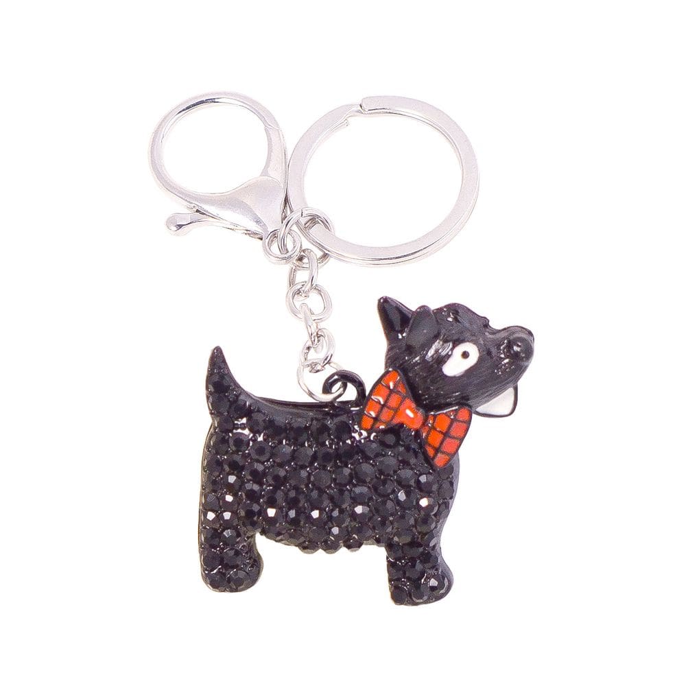 Chaveiro preto Scottie Dog com gravata borboleta vermelha, cristal cintilante