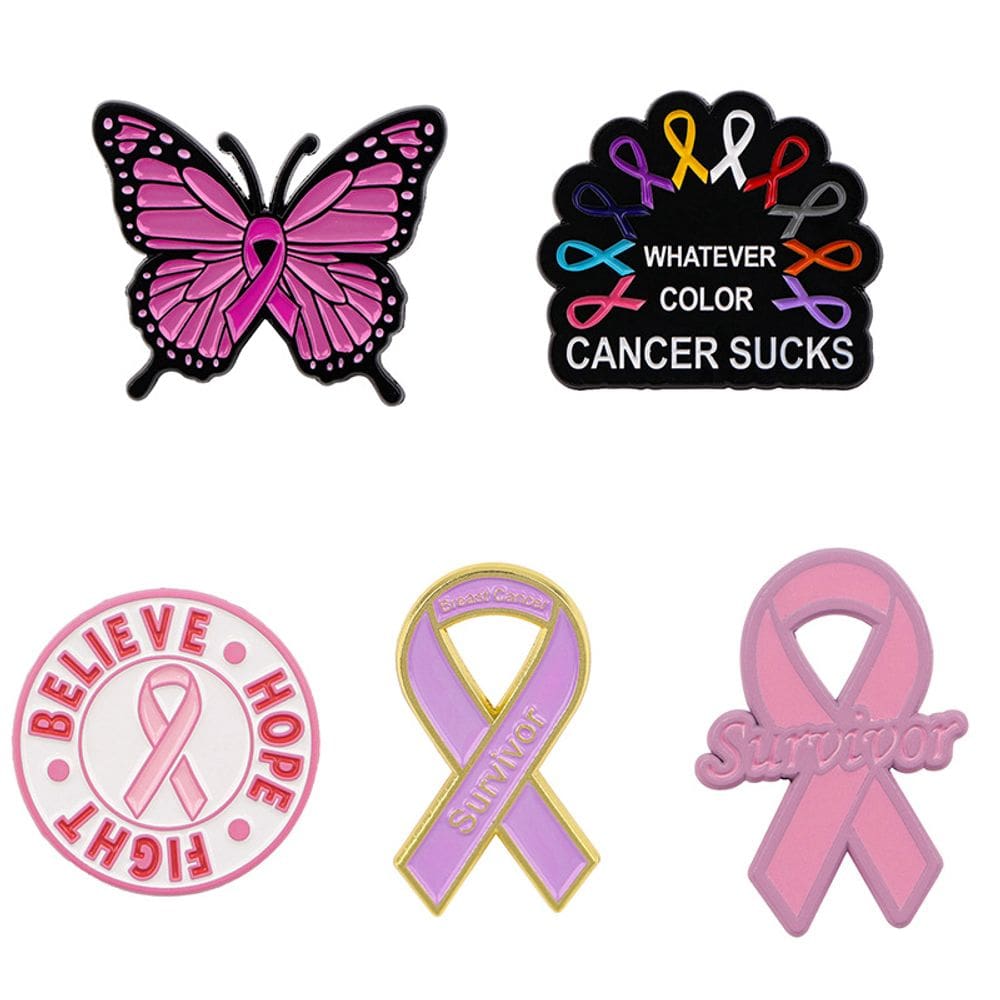 Conjunto de 5 broches Pink Ribbon Awareness em liga de borboleta