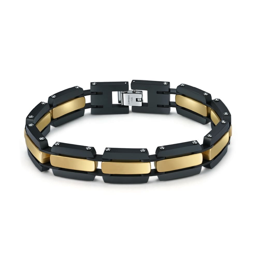 Pulseira masculina de aço inoxidável preto e banhado a ouro 22cm