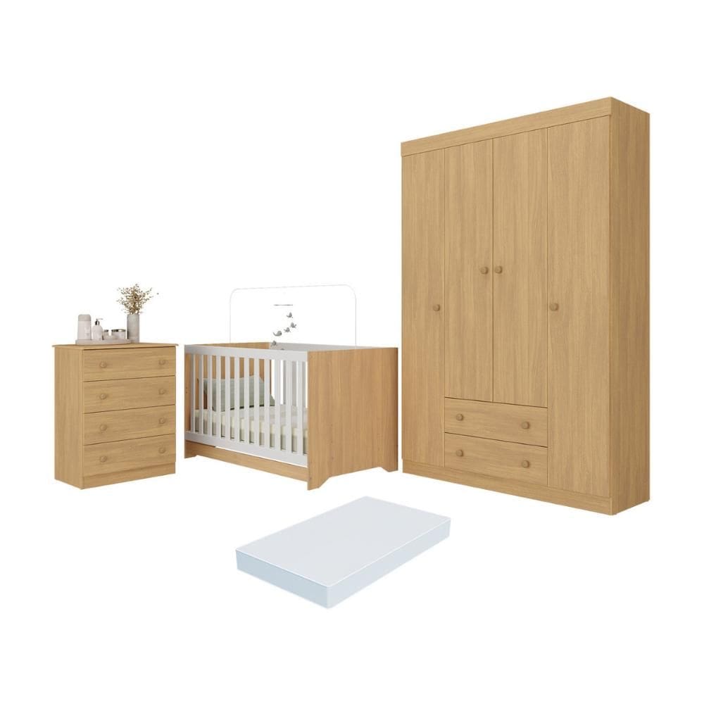 Quarto de Bebê Completo com Berço Americano 3 em 1 Colchão Incluso Encanto Multimóveis MP4601