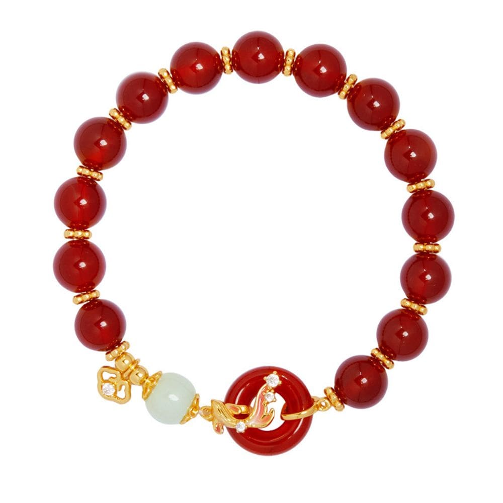 Pulseira de ágata vermelha para mulheres com pingente Lucky Koi e pêssego