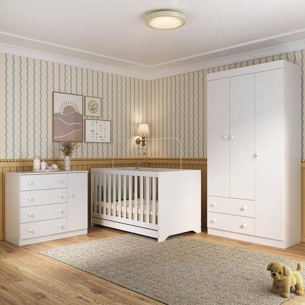 Quarto de Bebê Completo com Berço Americano 3 em 1 p/Colchão 130x70cm Encanto Multimóveis MP4589