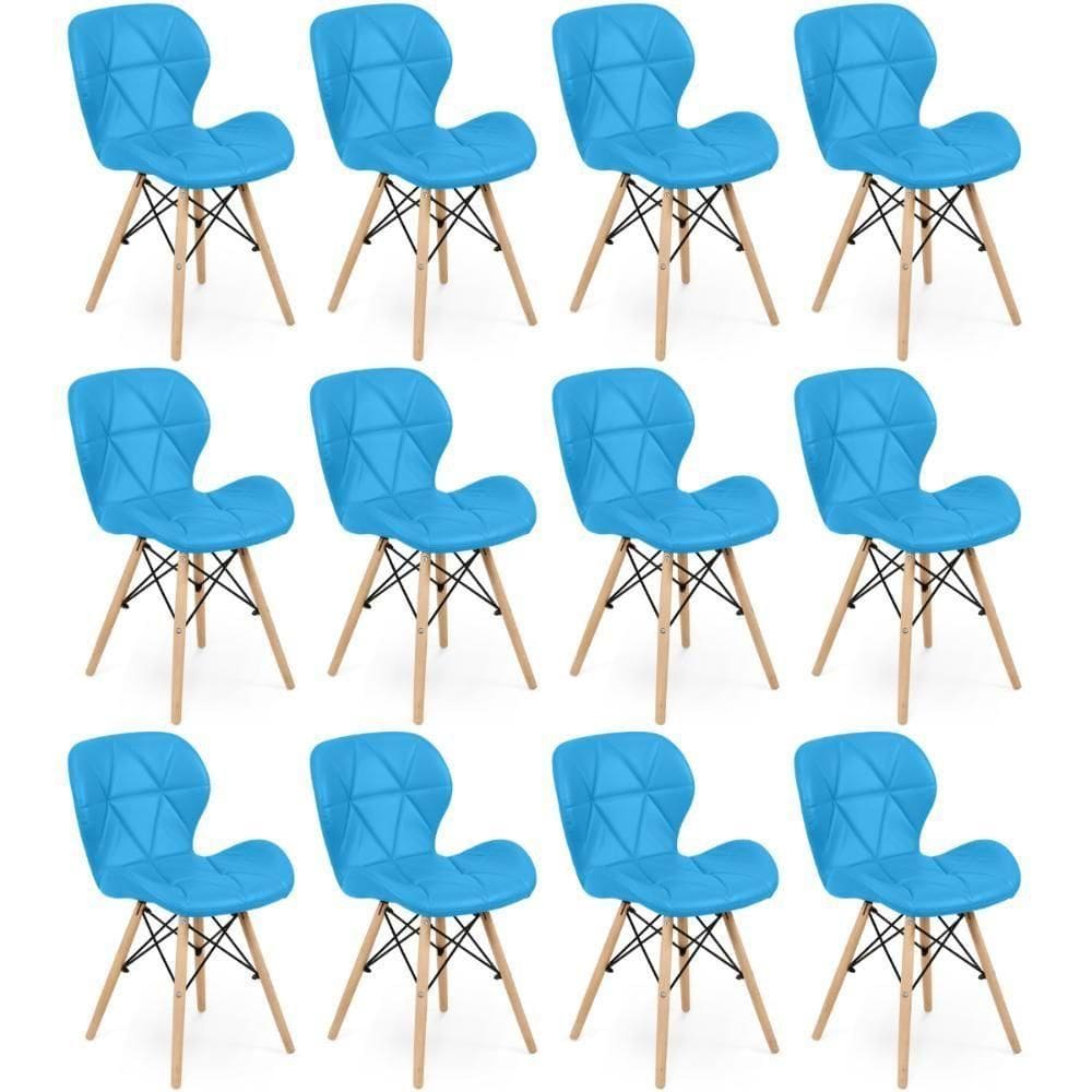 Kit 12 Cadeiras De Jantar Charles Eames Slim Wood Estofada - Azul