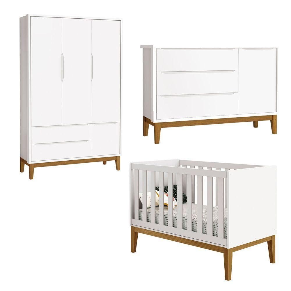 Jogo De Quarto Para Bebê Completo 3 Portas Classic New Branco Fosco Com Madeira - Reller