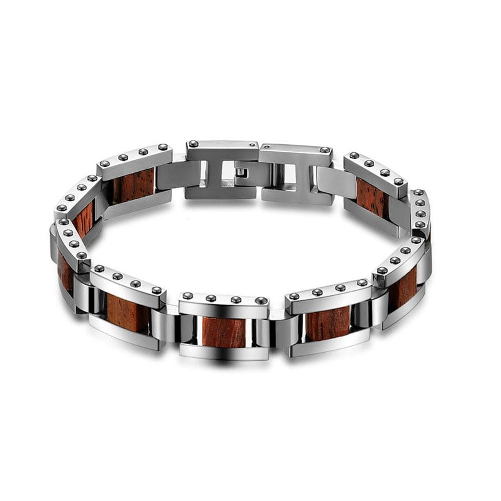 Pulseira de aço inoxidável com incrustação de madeira para homens 21cm