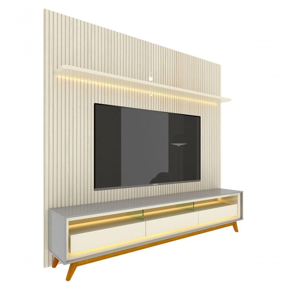 Rack Com Painel Requinte Retrô Ripado 3d Com Led Requinte Cinza Com Off White - Gelius Móveis