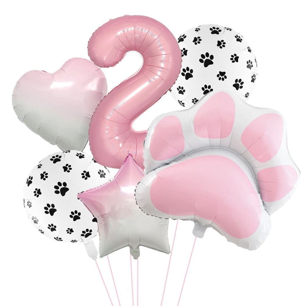 Conjunto de balões, papel alumínio rosa com estampa de pata, 6 unidades com balão de 2 números