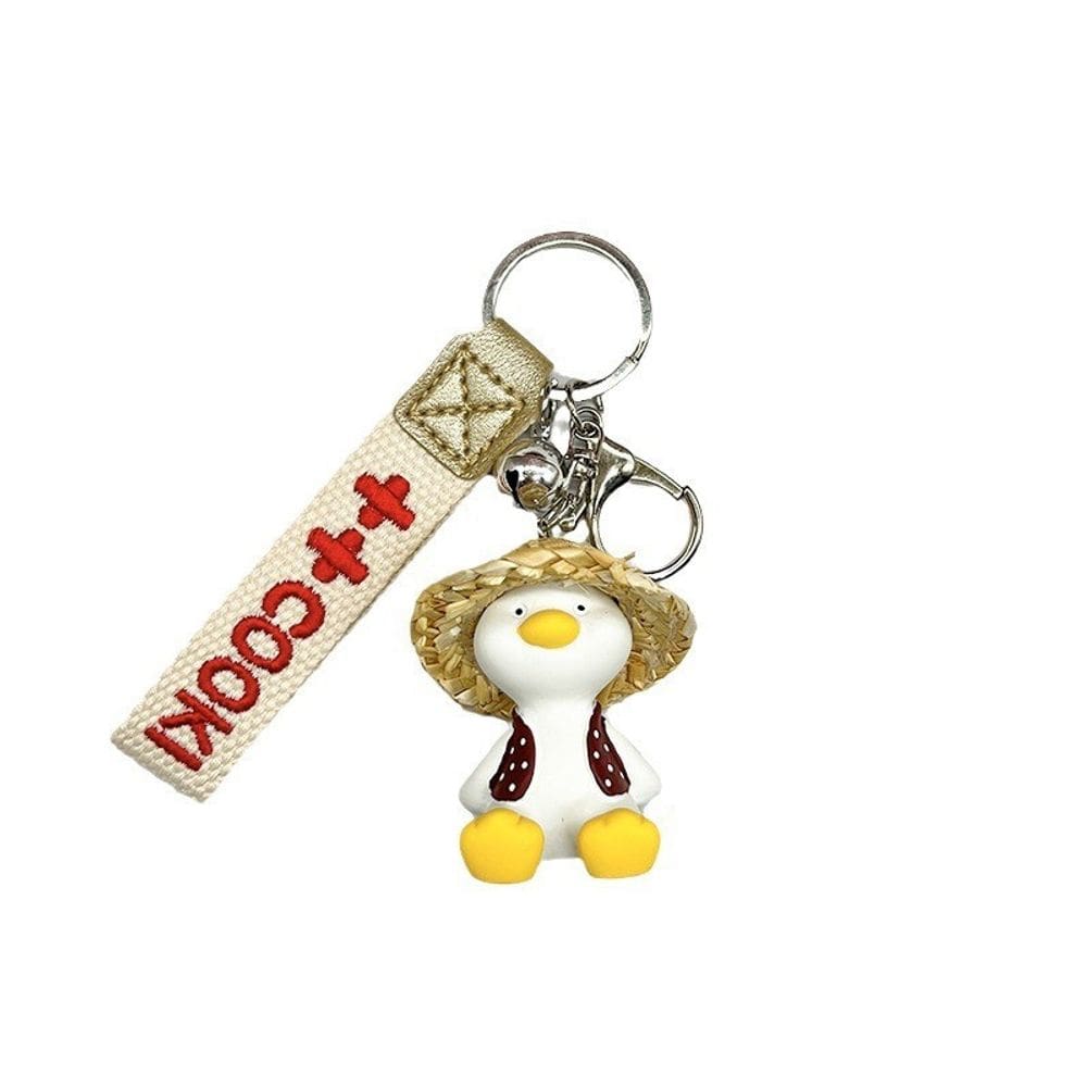 Chaveiro de pato fofo de resina com chapéu de palha com cordão para bolsas