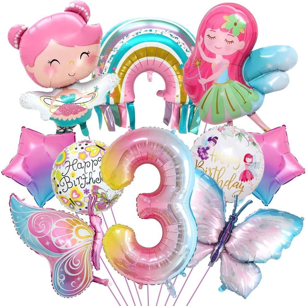 Conjunto de balões com tema de fadas e borboletas com balão de 3 números