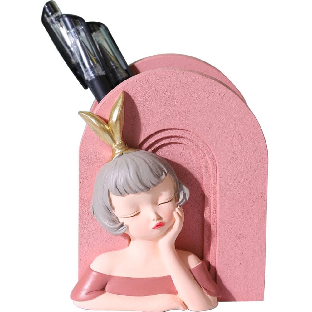 Porta-canetas, estatueta feminina de resina, porta-lápis decorativo