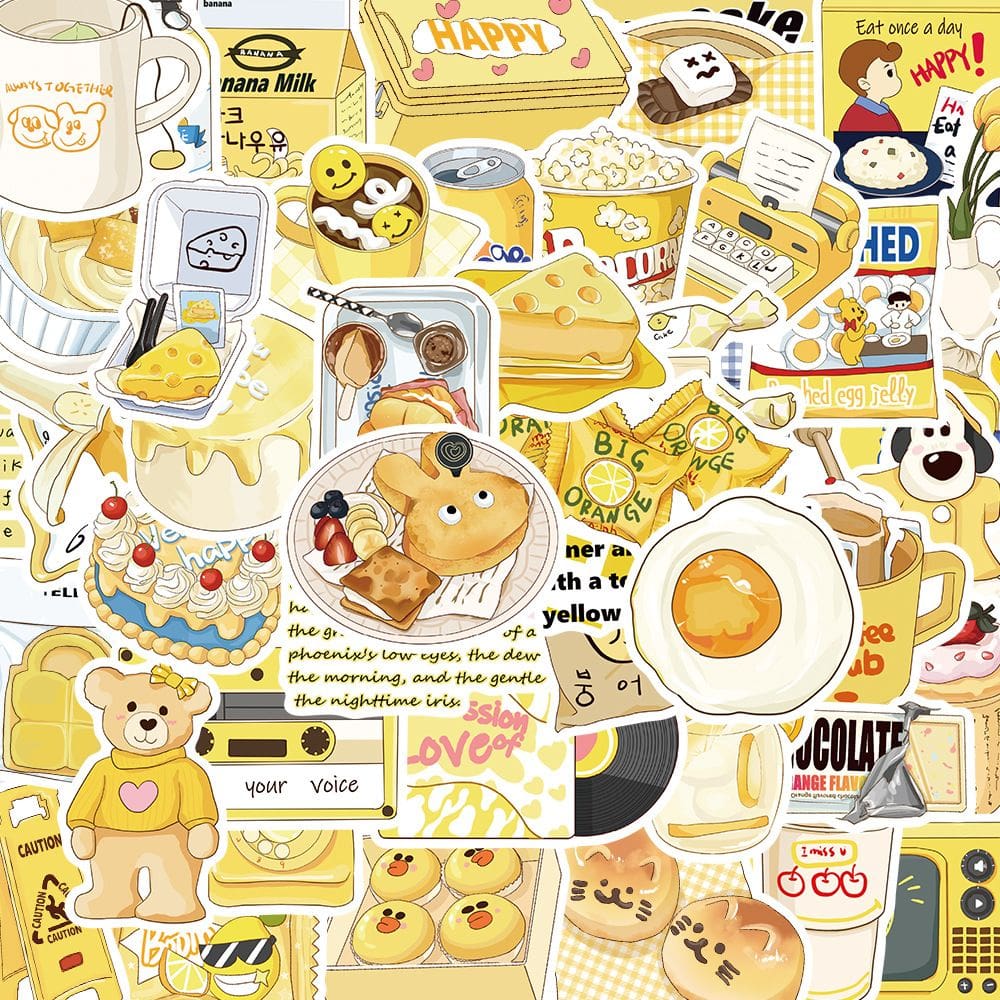 Pacote de adesivos Yellow Aesthetic Cute Cartoon Food, 50 unidades