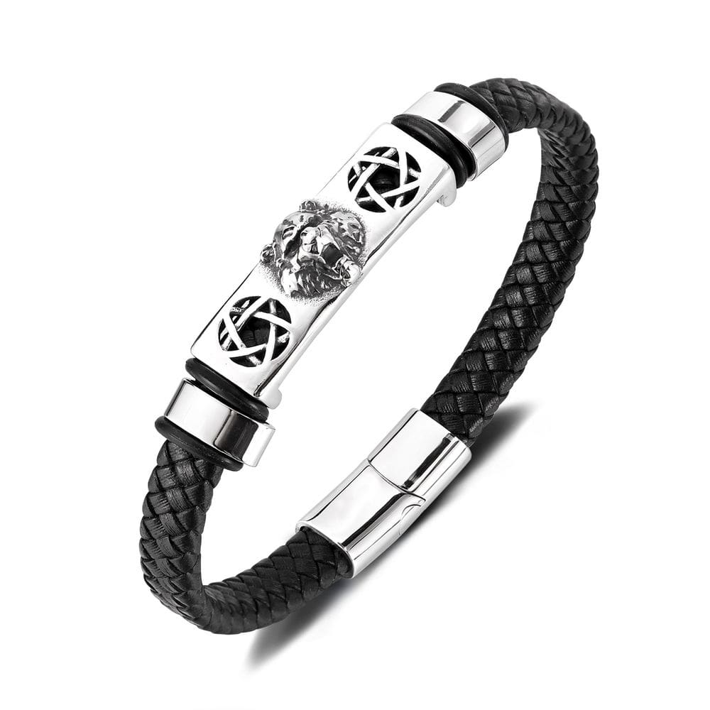 Pulseira de cabeça de leão de aço inoxidável para homens, couro trançado