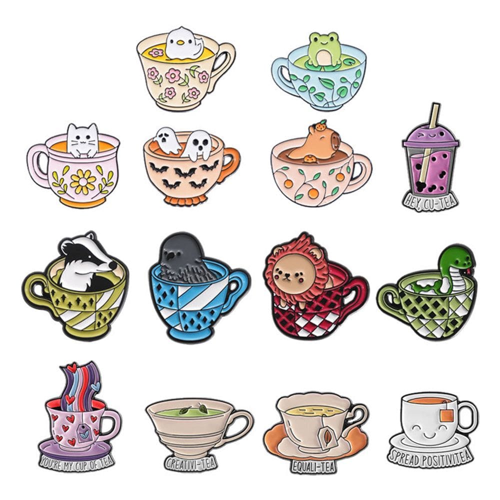 Conjunto de broches, lindo tema de xícara de chá, liga esmaltada