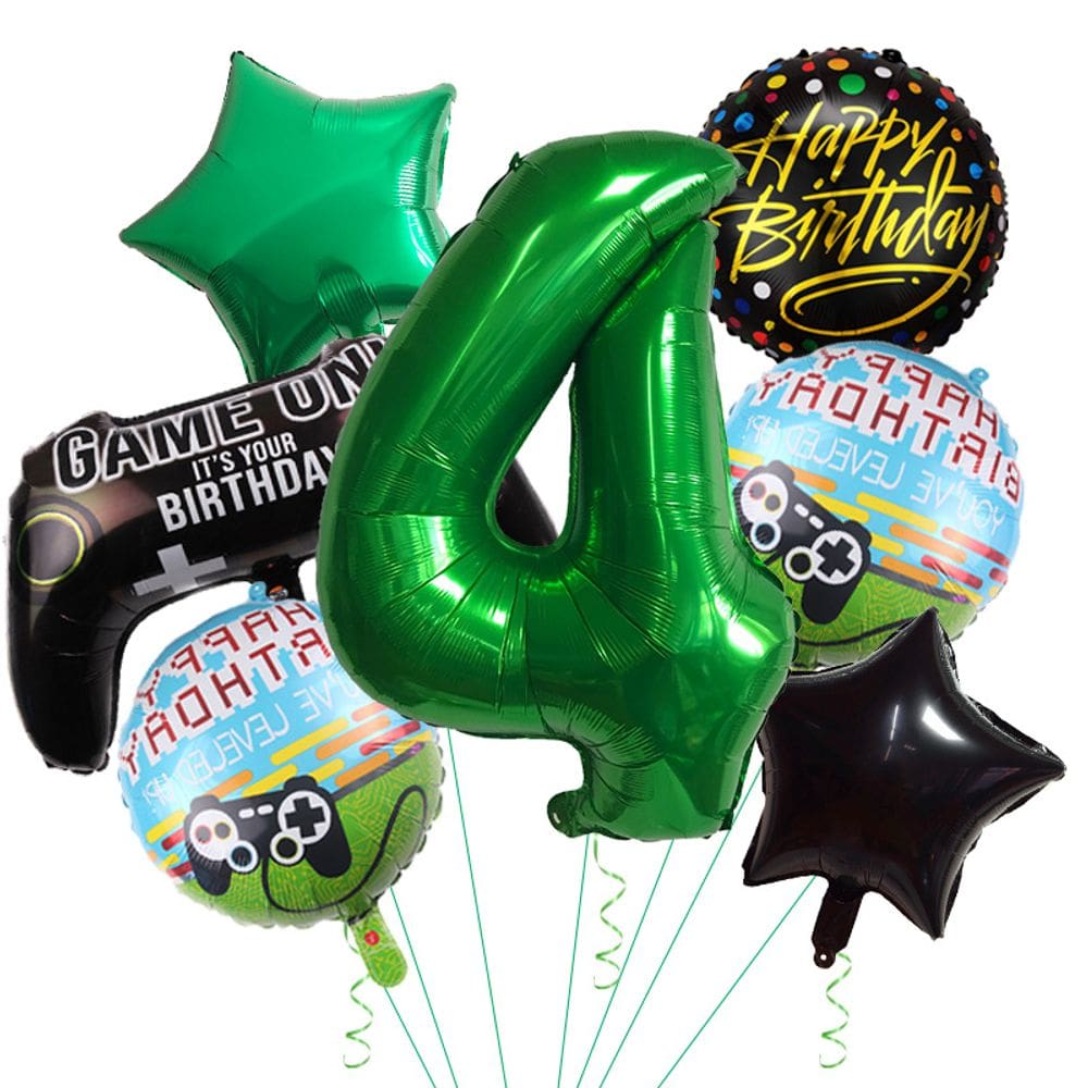 Conjunto de balões de aniversário com tema de jogos, 7 unidades, papel alumínio de 40 polegadas número 4