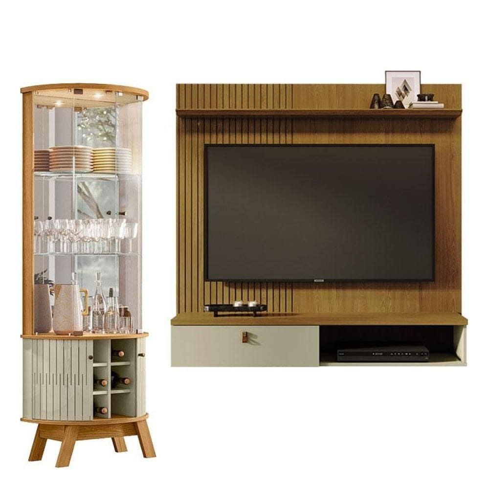 Estante Home Theater Suspenso íris Com Cristaleira Marina Cumaru Opala - Madetec