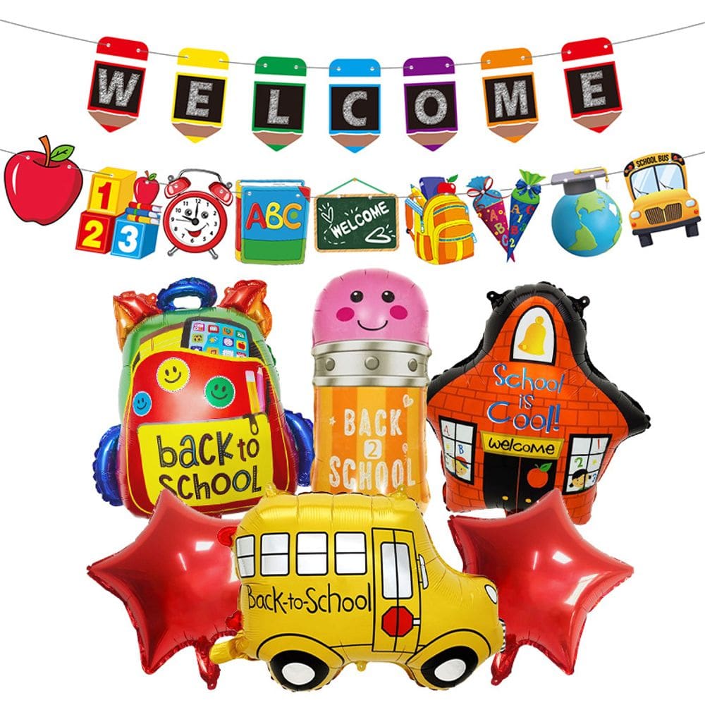 Conjunto de balões metalizados de volta às aulas, 6 unidades com banner de sala de aula