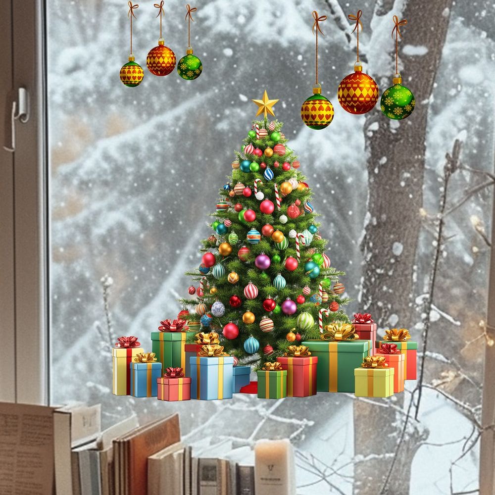 Adesivos de parede para árvore de Natal com enfeites pendurados e presente B