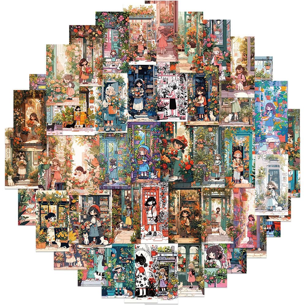 Pacote de adesivos Flower Shop Girl, 50 peças de desenho animado para gatos à prova d`água