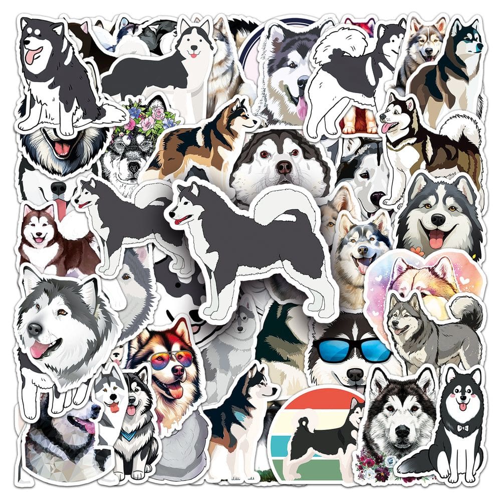 Pacote de adesivos Alaskan Malamute Cartoon Dog à prova d`água, 50 unidades