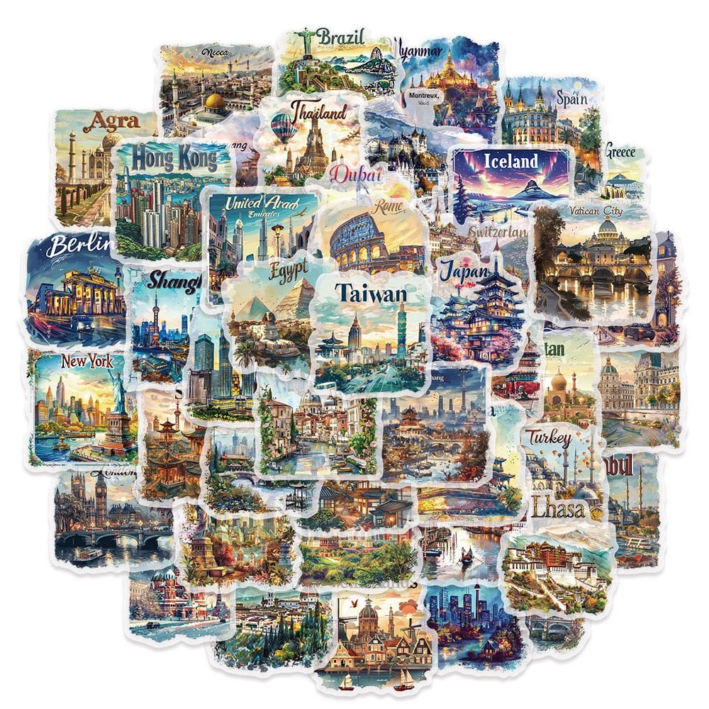 Pacote de adesivos World Landmark Collection, 50 unidades, transparente