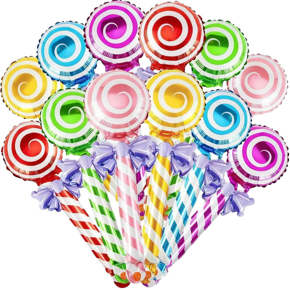 Balões metalizados em forma de pirulito, 47 cm, coloridos, 12 unidades para festa