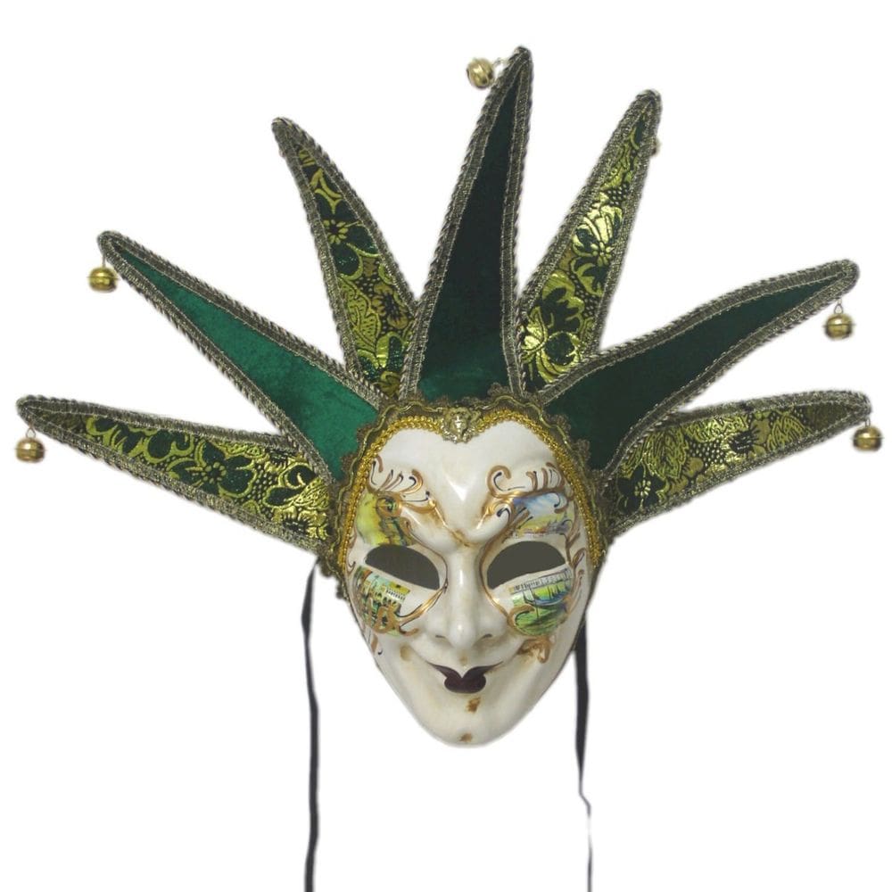 Máscara Venetian Jester verde e dourada com sinos em PVC facial