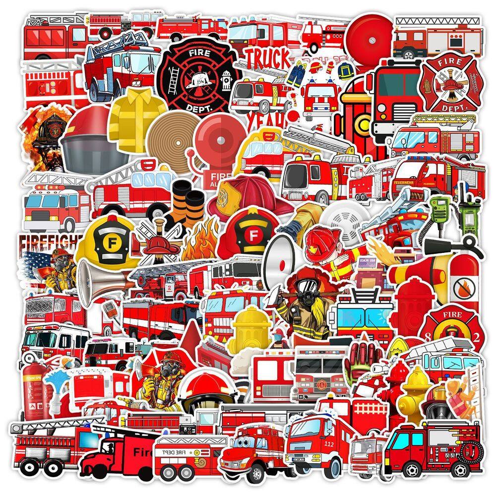 Pacote de adesivos Firefighter Theme 100 unidades - Cartoon Fire Truck