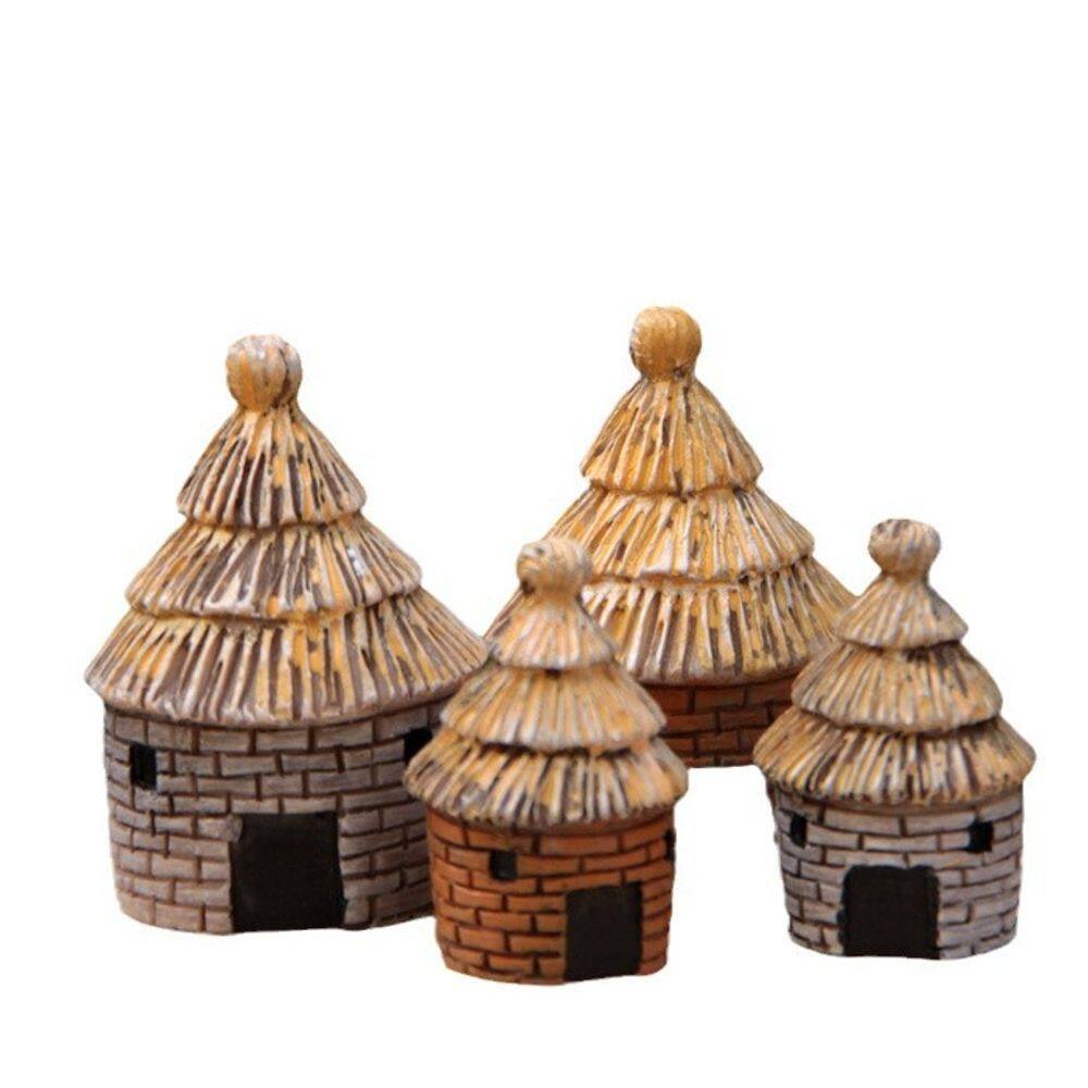 Escultura de jardim em miniatura com telhado de palha de resina