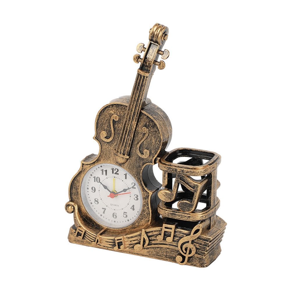Despertador criativo em forma de violino com notas musicais e caneta