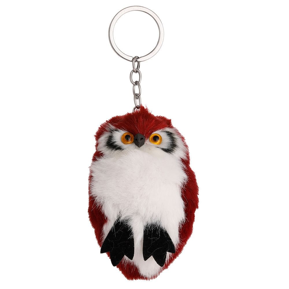 Chaveiro fofo, coruja fofa, pássaro de pelúcia macio com chaveiro vermelho