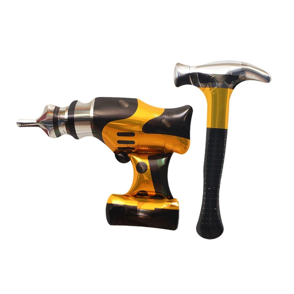 Conjunto de balões metalizados em forma de ferramenta Cartoon Hammer and Drill x2