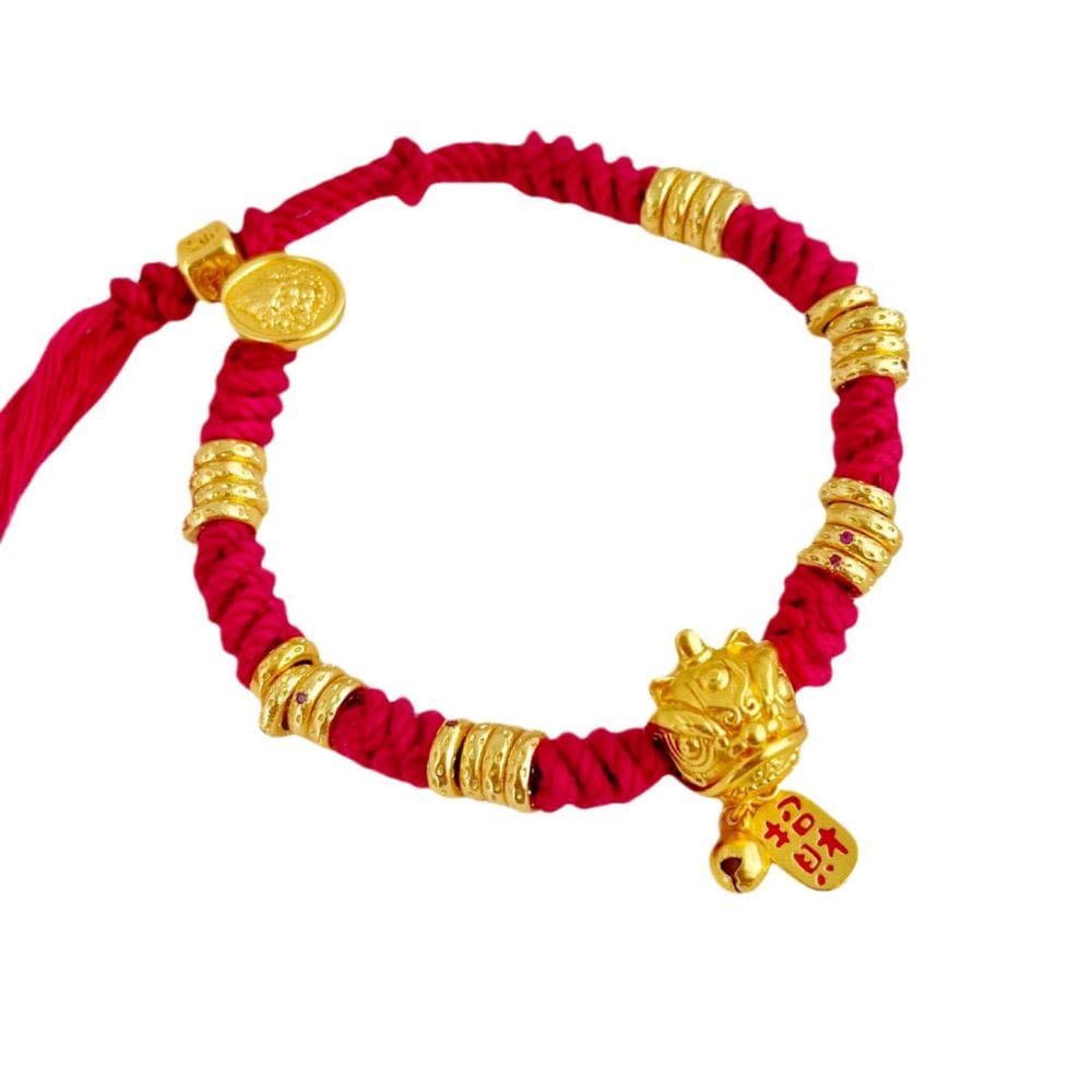 Pulseira tecida à mão com cordão vermelho com pingente de dança de leão banhado a ouro